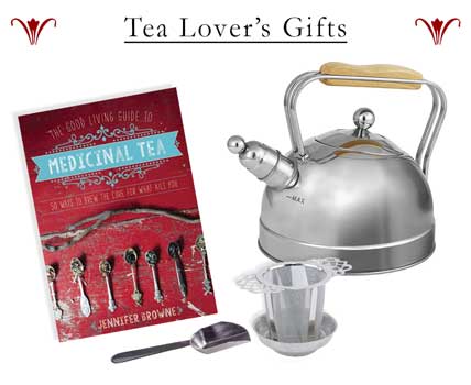 Tea Gifts -gifts for tea lovers- kettle, book, tea strainer, tea cup